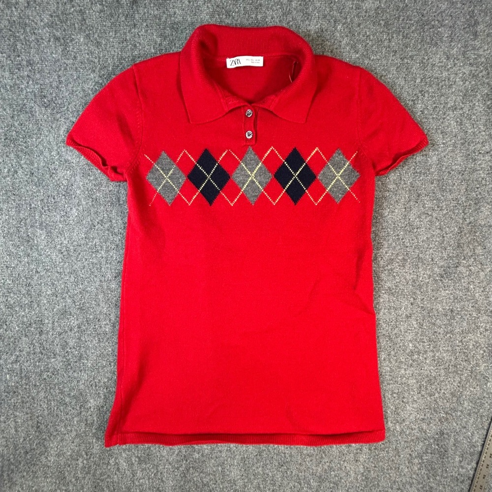 Red Argyle Polo Knit Top - ZARA